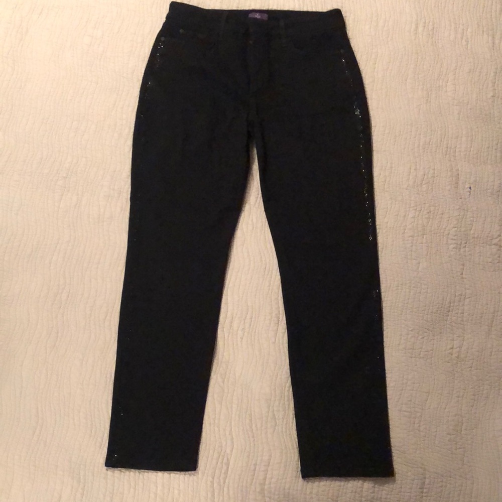 NWOT NYDJ black jeans/leggings with sparkly beaded tuxedo stripe down leg